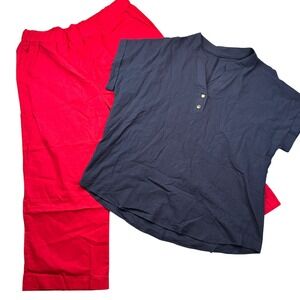 Womens Navy Blue Henley Top and Red Wide Leg Pants 2 Piece Set Casual Lounge 3XL
